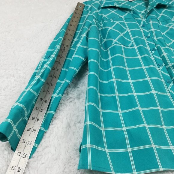 Notations Womens Shirt Top Button Down Blue Check Roll Tab Long Sleeve Petite PL - Picture 10 of 13